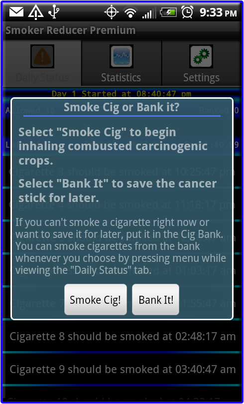 Smoker Reducer Daily Status Tab Running